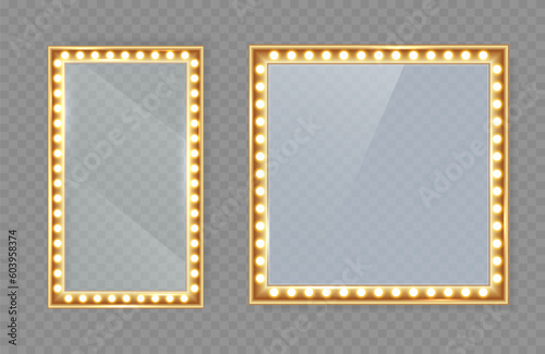 Makeup mirror isolated with lights. Vector square and round frames. Vector template.