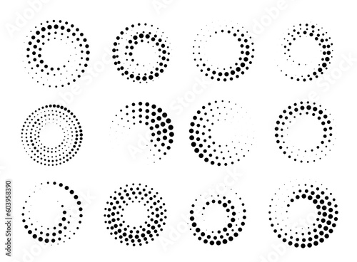 Set of black thick halftone dotted speed lines. Speed lines in circle form. Geometric art. Design element for frame, logo, tattoo, web pages, prints, posters, template, abstract vector background.