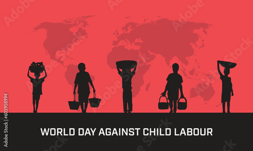 World Day Against Child Labour design. It features silhouette of children on red background with world map. Vector illustration