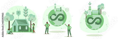 Vector illustrations in flat design style on the theme of environmental protection. Renewable energy, clean air, cleaner production, happy people in a clean environment