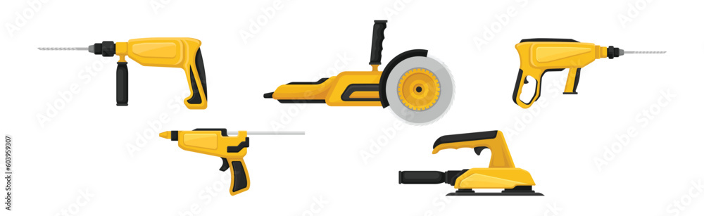 Yellow Power Tool for Construction Work Vector Set