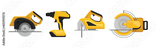 Yellow Power Tool for Construction Work Vector Set