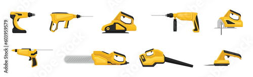 Yellow Power Tool for Construction Work Vector Set