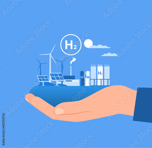 A hand holds a plant for the production of hydrogen in the palm of its hand. The concept of production and use as an energy source of hydrogen. Vector illustration.