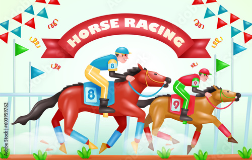 Horse racing. 3d vector illustration Two racehorses competing against each other on the racetrack