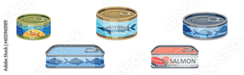 Closed Steel Labeled Can or Tin with Food Vector Set