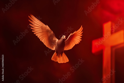 Pentecost Sunday. Flying white dove in fire background. Symbol of the Holy Spirit descent upon the Apostles and other followers of Jesus. Generative AI photo