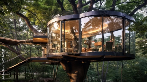 In a big tree  a beautiful glass treehouse sits. Its natural design is an amazing sight  surrounded by the green wonders of nature. Generative AI