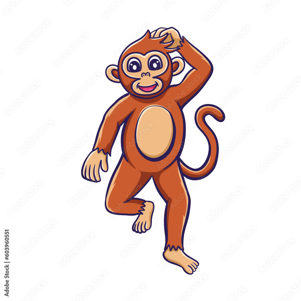Obraz premium A monkey was walking while scratching his head. vector cartoon illustration