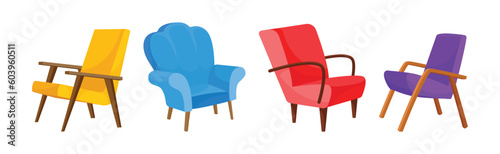 Armchair as Seat and Piece of Furniture with Armrests Vector Set