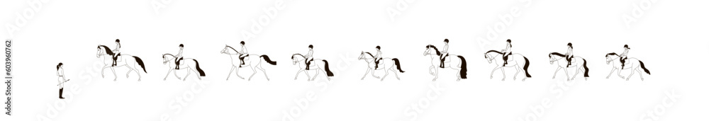 Group of young riders on horse and pony are trotting under the supervision of a trainer at a riding school Group of young riders on horse and pony are trotting under the supervision of a trainer at a riding school