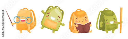Cartoon Schoolbags or School Rucksack Character Vector Set