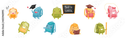 Cartoon Schoolbags or School Rucksack Character Vector Set