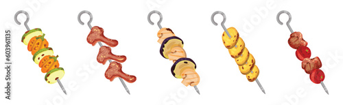 Meat and Vegetables Slabs Skewered on Metal Spits Vector Set