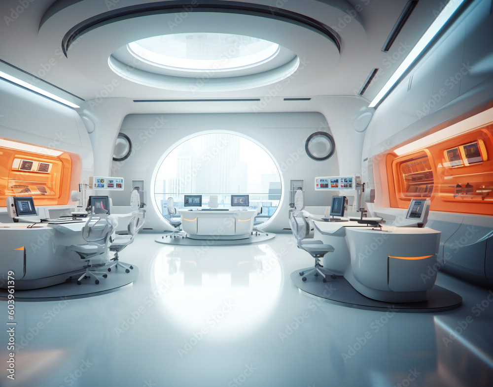 Smooth clean white and red futuristic interior, science fiction lab or space ship. Created with Generative AI technology.