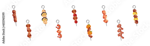 Meat and Vegetables Slabs Skewered on Metal Spits Vector Set