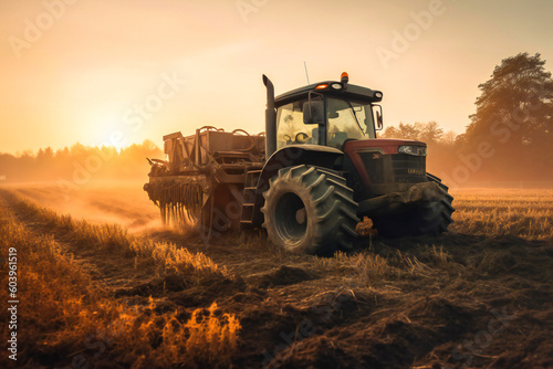 Farm tractor working on the field in the morning. Agriculture and farming generic illustration. Created with Generative AI technology.