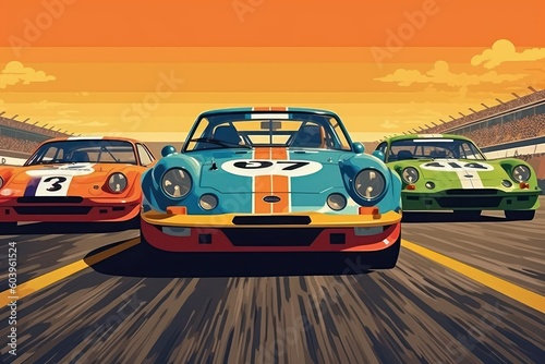 Vintage style motorsport poster with cars. Beautiful illustration picture. Generative AI