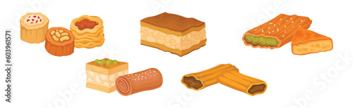 Turkish Delight or Arabic Sweet and Sugary Dessert Vector Set
