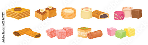 Turkish Delight or Arabic Sweet and Sugary Dessert Vector Set