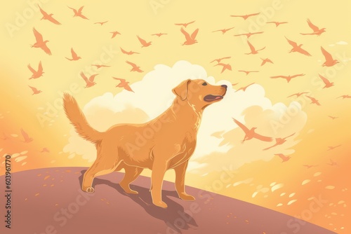 Dog is walking outdoors. Birds are flying up in the sky. Yellow colored. Beautiful illustration picture. Generative AI