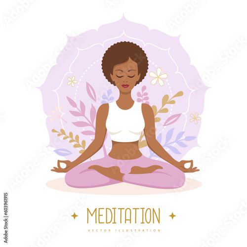 Woman meditation in lotus position with floral elements and mandala. Vector illustration