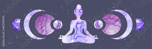 Meditating woman silhouette on outer space background. Alcohol ink vector illustration