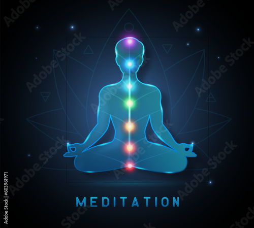 Blue neon meditating man silhouette with open chakras on outer space background. Vector illustration