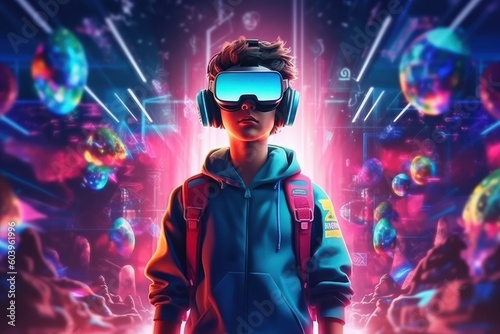 Future digital technology. Boy in virtual reality glasses. Beautiful illustration picture. Generative AI
