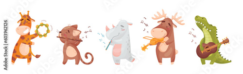 Cute Animal Character Playing Musical Instruments Performing Concert Vector Set