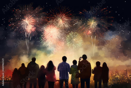 color painting of people watching the firework display on New Years night. Sense of togetherness in colourful firework show. Happy friends and family meeting the new year, generative AI