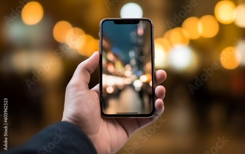 Hand holding a Smartphone screen with bokeh city light photography, close up