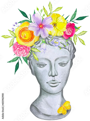 Vase in the form of a plaster female head with flowers, summer bouquet, watercolor