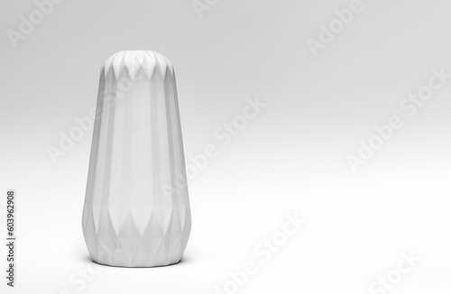 A minimalist composition depicting a white vase on an even gray background.