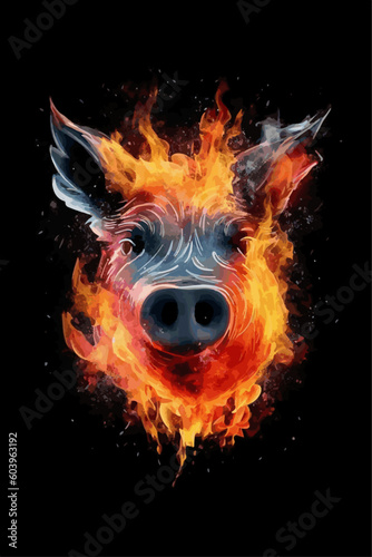 The vector illustration portrays a magnificent pig. Watercolor pig with a black background.