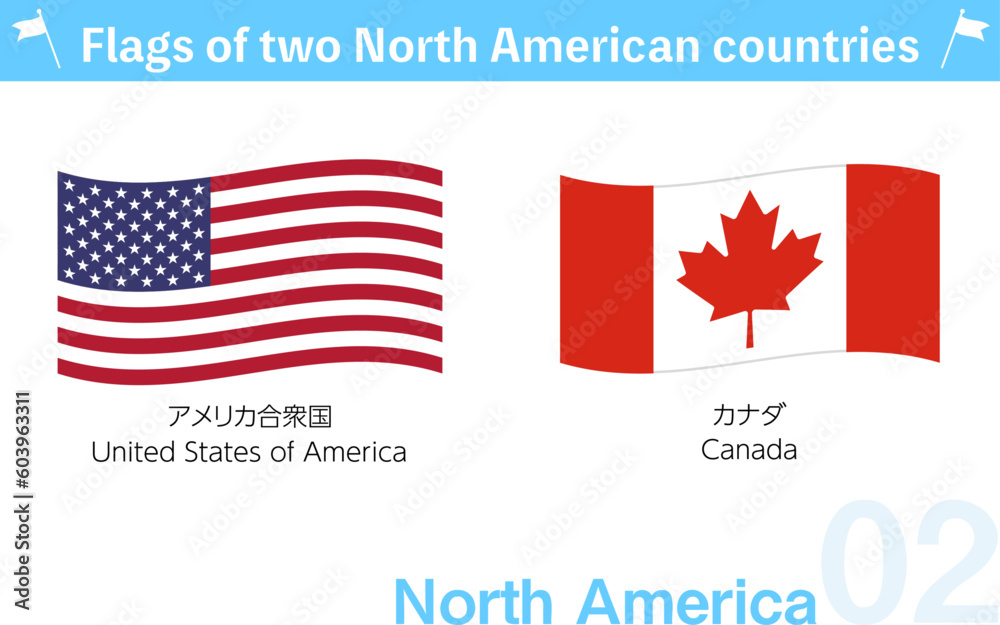 はためく世界の国旗アイコン、北米2ヶ国セット