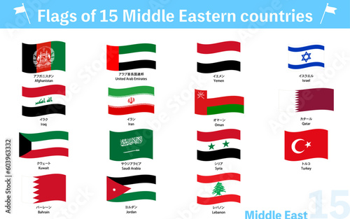 はためく世界の国旗アイコン、中東15ヶ国セット