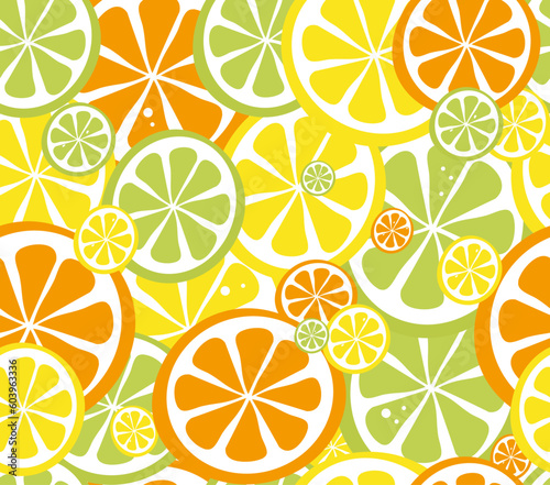 Bright citrus seamless pattern with lemon, lime and grapefruit. Tropic fruit. Summertime concept. Vector illustration.