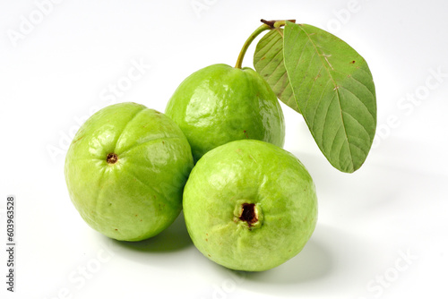 Pink guava fruits isolated on white background.Guava fruit with leaf isolated on white background.Thai Pink guava fruits isolated on white background.Copy Space.Copy Text.