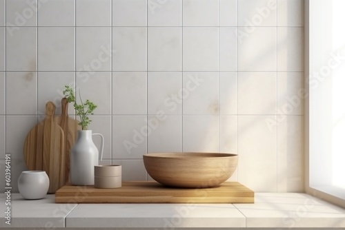 Minimal White Marble Kitchen with Wooden Utensils - 3D Interior Mockup. Generative Ai