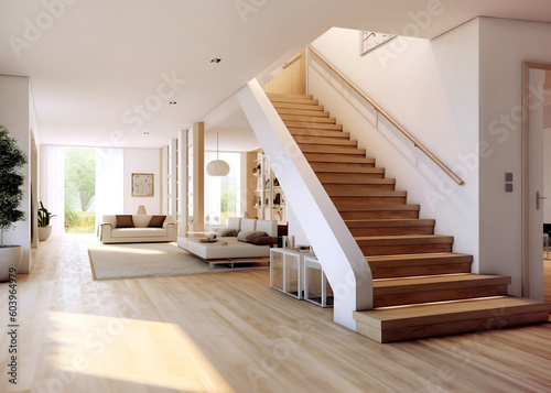 Interior design of modern living room with wooden staircase. Created with generative AI
