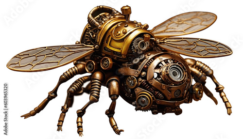 Mechanical steampunk insect bee. Bronze and steel parts. Ai generate. Isolated on white transparent background.
