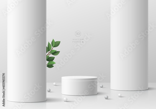 Realistic 3d gray white cylinder pedestal podium with luxury huge pillar or pole background and green leaf. 3d vector rendering. Round stage showcase. Minimal scene product display mockup presentation