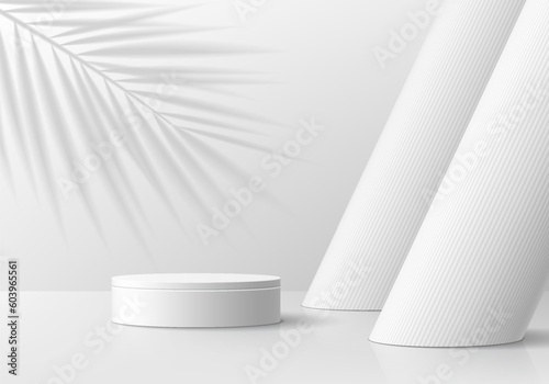 Realistic 3d gray white cylinder pedestal podium with huge pillar background and palm leaf shadow overlay. 3d vector rendering. Round stage showcase. Minimal scene product display mockup presentation