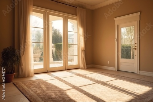 Luxury Beige Room with Glass Door to Backyard - 3D Interior Mockup. Generative Ai