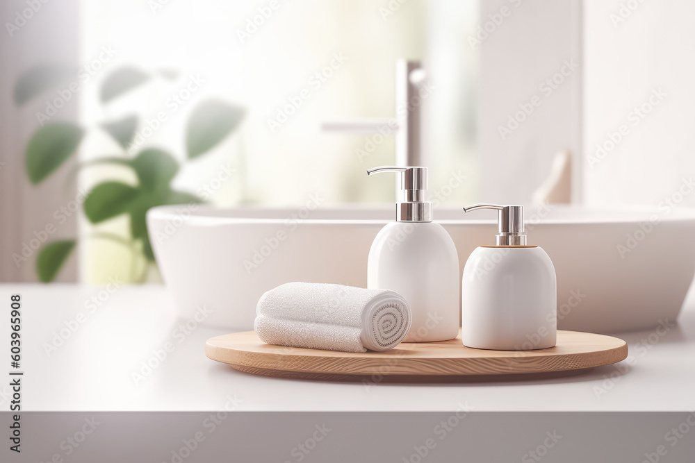 Bathroom accessories on blurred modern white bathroom background with copy space. Generative AI. 