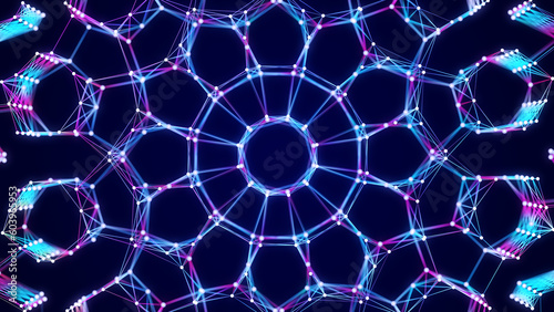 Plexus of lines and dots. Connected particles. Flower pattern. Network geometry background. 3d rendering