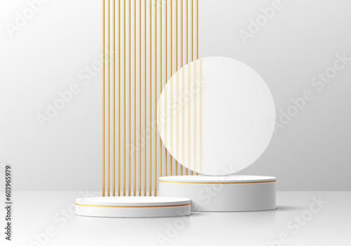 Realistic 3D white cylinder pedestal podium background with luxury golden lines scene. Wall minimal scene mockup products stage showcase, Cosmetic banner promotion display. 3D abstract empty platforms
