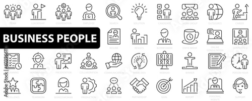 Business people 36 icon set. Business teamwork icons. Work group and human resources. Outline icons collection. Vector illustration.