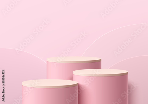 Realistic 3D pink and white stand podium set with curve shape levels background. Wall minimal scene mockup products stage showcase, Cosmetic banner promotion display. Abstract vector 3D empty platform